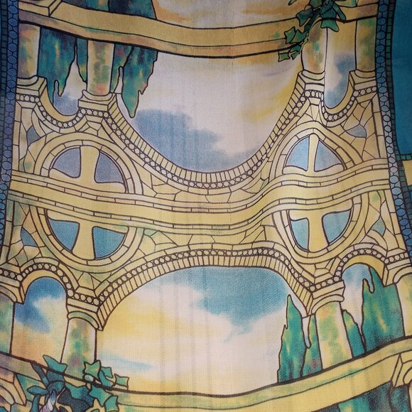 'PAST TIMES' Oblong Scarf 100% Silk Stained Glass, Iris, Morning Glory, etc - Picture 5 of 12